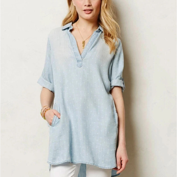 Cloth & Stone Dot Denim Chambray Tunic Top Faded Mini Shirt Dress Size Medium - Picture 3 of 16